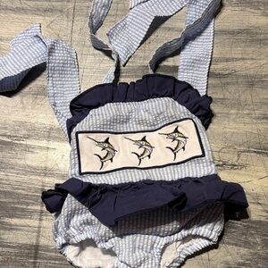 Blue and White Striped Baby swim wear with Fish Design